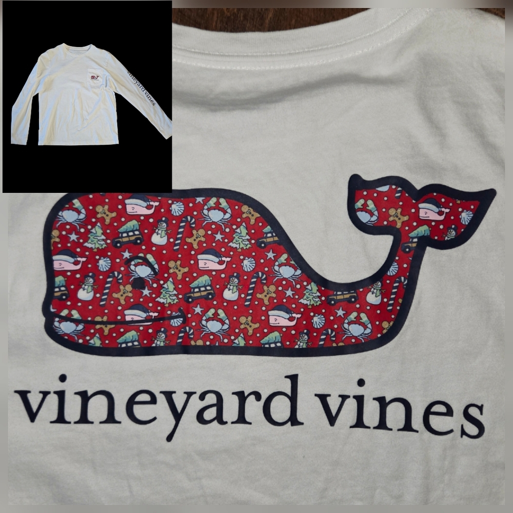 Vineyard Vines Kids Holiday Christmas Fill Whale Pocket White T-Shirt XL (18) LS